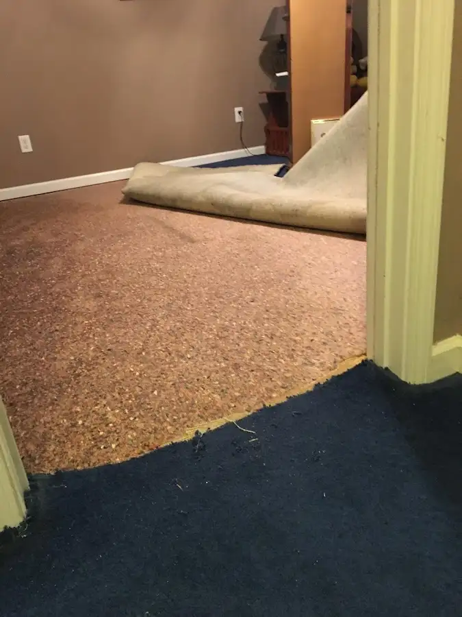Carpet pad removal revealing water damage during Water Mitigation Services in San Antonio